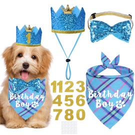 JOTFA Dog Birthday Party Supplies, Multi Sizes Dog Birthday Bandana Boy Dog Birthday Hat Crown with Birthday Numbers Bow Tie for Small Dogs Pets (Light Blue, Small)