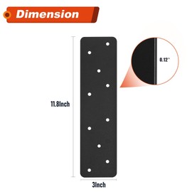 2 Pcs 11.8"x3" Straight Steel Flat Plate, Heavy Duty Mending Plate with Black Powder-Coated Joining Brackets, I Shape Strap Metal Plate Fit 4x4,6x6 for Repair House,Furniture,Pavilion,Truss framing