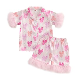 Kuriozud Baby Girl Pajamas Silk Stain Pjs Summer Shirt Tops+Shorts 2Piece Set Toddler Kid Teen Little Girl Nightgown Sleepwear Easter Clothes Outfits (Pink Bow,6-12Months