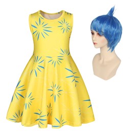 HenzWorld Joy Costume Dress for Girls Inside&Out Cartoon Joy Costume with Wig Fancy Dress Up Sleeveless Christmas Party Pretend Play Gifts Outfit Yellow Size 9-10 Years