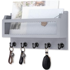Nekon Mail and Key Holder for Wall Decorative, 11 Inch Wooden Wall Key Organizer with 5 Key Hooks, Wall Mount Storage Shelf for Entryway Hallway (Gray)