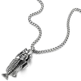 COOLSTEELANDBEYOND Extra Large Mens Fish Skeleton Bone Pendant Necklace Steel Gothic Style, 30 inches Wheat Chain