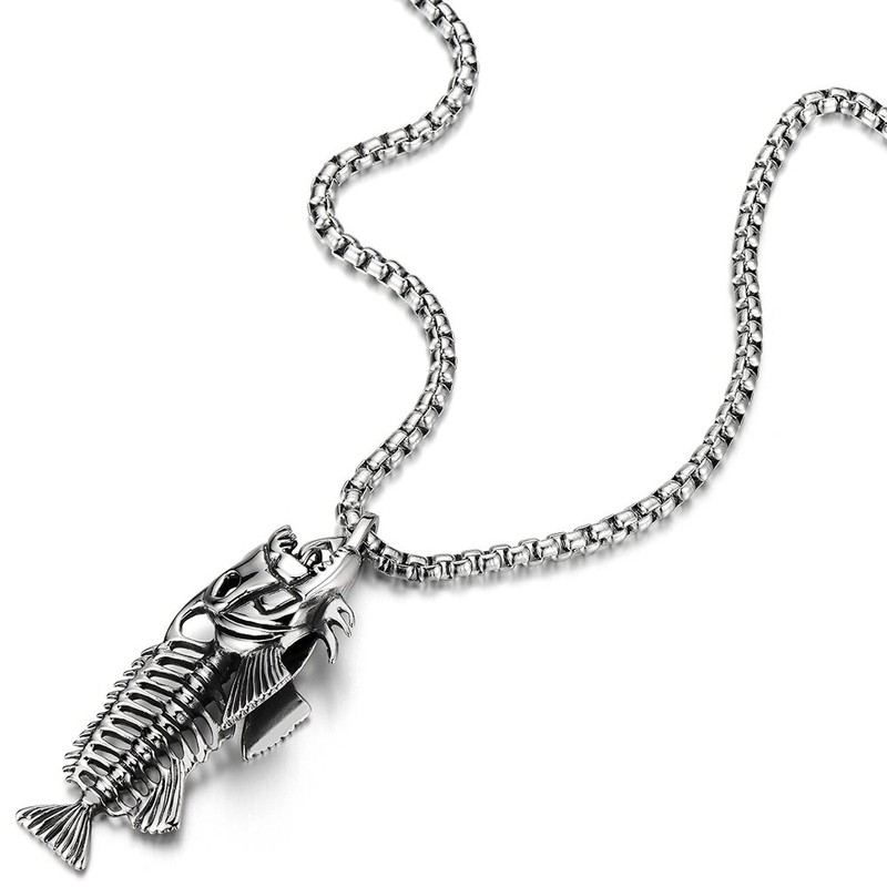 COOLSTEELANDBEYOND Extra Large Mens Fish Skeleton Bone Pendant Necklace Steel