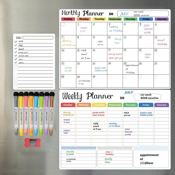 Hivillexun Magnetic Dry Erase Calendar Whiteboard Set (3-Pack) for Fridge,