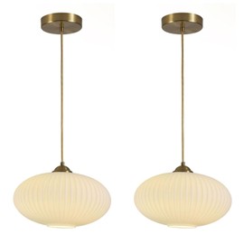 Flyrose 1-Light Large Ribbed Glass Pendant Light Antique Brass Kitchen Pendant Light Set of 2 Modern Globe Pendant Lights Vintage Gold Hanging Light Fixture 2 Pack