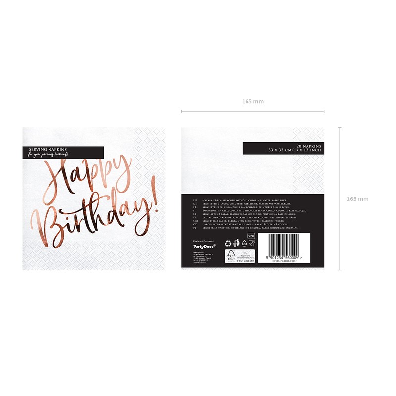 PartyDeco Happy Birthday White Napkins 33 x 33 cm Pack