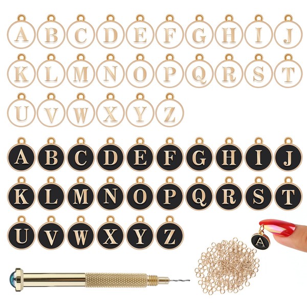 MWOOT 153Pcs Dangle Nail Art Piercing Charms Kit, Double-Sided Metal Letters Initial Pendant Set, Nail Piercing Tools Hand Drill and Nail Jewelry Rings for Tips, Acrylic, Gels Decor (Black, White)
