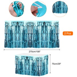 sourcing map 2 Pcs 29x108 Inch Light Blue Metallic Foil Fringe Tinsel Table Skirts for Rectangle Tables Tinsel Backdrop Curtain for Wedding Birthday Party Decoration