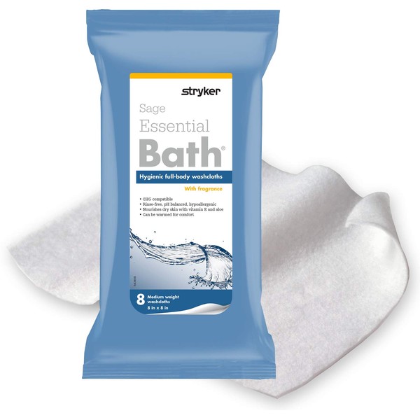 Stryker - Sage Essential Bath Cleansing Washcloths - 60 Packs, 480 Cloths - Fresh Scent, No-Rinse Bathing Wipes, Ultra-Soft and Medium Weight Cloth, Hypoallergenic