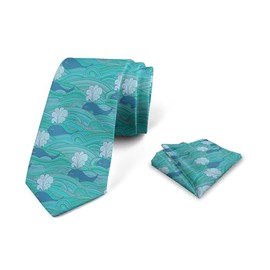 Lunarable Whale Men's Tie Set, Unusual Waves and Whales Spouting Water Surreal Ocean Marine Magic, Necktie Set Groom Handkerchief for Parties Weddings & All Occasions, Sea Green and Slate Blue