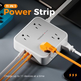 Surge Protector Power Strip, TESSAN Flat Plug Extension Cord with Multiple Outlets, 8 AC Outlets, 3 USB Ports(2 USB C), 5 Ft, 900 Joules Protection, 3-Sided Charging Station for Home Office Dorm Room
