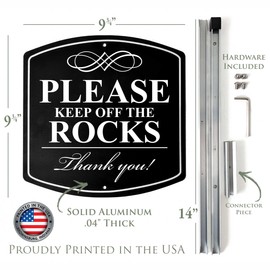 Classy Aluminum "Please Keep Off the Rocks" Sign With Reflective Text - Durable Yard Decor, Includes 28" Stake And Hardware, Weatherproof Outdoor Message