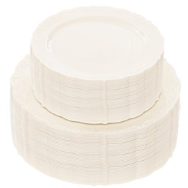 U-QE 100 Pieces Ivory Plastic Plates for Thanksgiving - Ivory Disposable Plastic Plates - Heavy Duty Thanksgiving Plates Disposable Use Including 50 Dinner Plates 10.25 '' & 50 Dessert Plates 7.5 ''