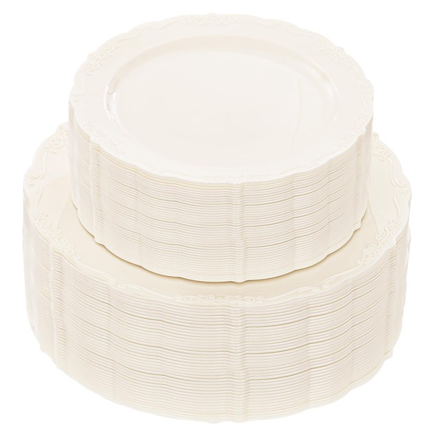 U-QE 100 Pieces Ivory Plastic Plates for Thanksgiving - Ivory