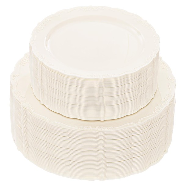 U-QE 100 Pieces Ivory Plastic Plates for Thanksgiving - Ivory