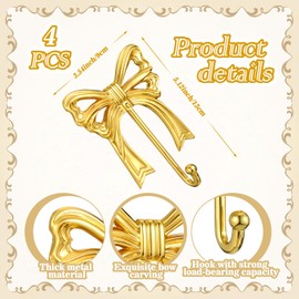 4 Pcs Bow Hook Bow Wall Hook Gold Brass Wall Hook Heavy Duty Wall Mount Towel Coat Rack Decorative Coquette Bow Hanger for Valentine's Day Bathroom Living Room Kitchen Hanging Multi-purpose Hook
