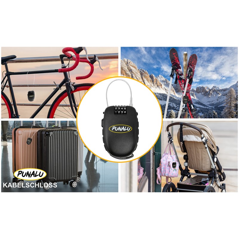Punalu Compact, Lightweight Ski Lock, Bicycle Lock with 4-Digit Combination