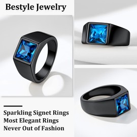 Bestyle Black Men Signet Ring-8mm*8mm Blue Topaz Sapphire Gemstone Ring Cubic Zirconia Ring for Men-Chunky Black Metal Plated Stainless Steel Ring Cool Band Finger Ring, Size 14