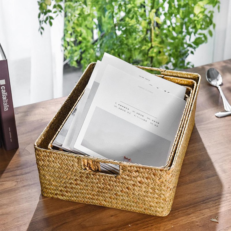 Handmade Seaweed Storage Basket Woven Storage Box with Handle for