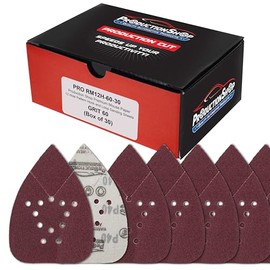 ProductionShop Premium 60 Grit 12-Hole Pattern Mouse Detail Sander Sandpaper Sheets, Box of 30 - Dustless Hook & Loop Triangle Shaped Mouse Disc Pads - Fits Black & Decker, Woodworking Wood Furniture