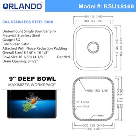ORLANDO 18x16 inch Undermount 18 Gauge Single Bowl Stainless Steel Kitchen Sink With Strainer