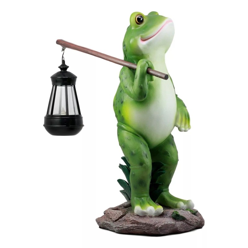 Blue Bayou Trails Hiking Frog Statue Holding Rod With Solar