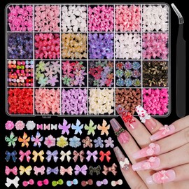600Pcs Bow Nail Charms, Cute 3D Bowknot Nail Art Decorations Acrylic Soft Hibiscus Flower Nail Charms Pink White Butterfly Coquette Nail Accessories with Tweezers for Women Girls DIY Crafts