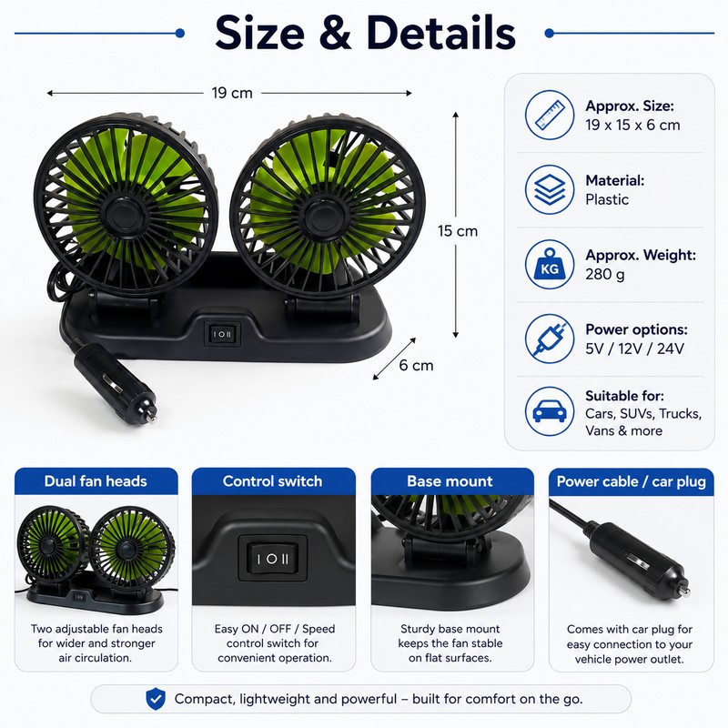Dual-Head Car Cooling Fan – 2-Speed Adjustable USB Auto Air