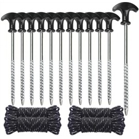 Tent Pegs 12 Tent Pegs Camping Screw Pegs + 4 x Tent Cord for Hard Floors Garden, Camping, Fishing and Camping Hard Ground Pegs Strong Tent Pegs for Screwing Sand Pegs