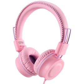 POWMEE M2 - Auriculares con cable para niños, plegables y ajustables, estéreo, sin enredos, cable jack de 3,5 mm, para niños, adolescentes, niñas, escuela, Kindle, avión, avión, (rosa)