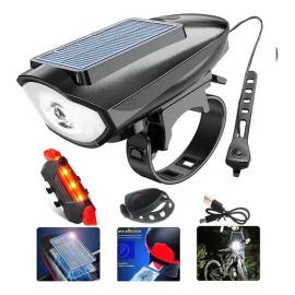 Lampara De Bicicleta Solar Y Recargable Con Claxon Y Traser