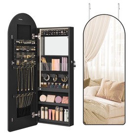 SONGMICS Wide Jewelry Organizer, LED Jewelry Cabinet Wall/Door Mounted, Arched Mirror with Storage, Lockable, Rounded Corner, Interior Mirror, 3.9 x 16.5 x 42.5 Inches, Ink Black UJJC020B01