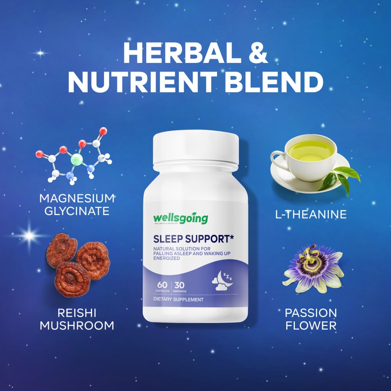 Wellsgoing Sleep Support Supplement, Herbal Blend with Magnesium Glycinate, L-Theanine,