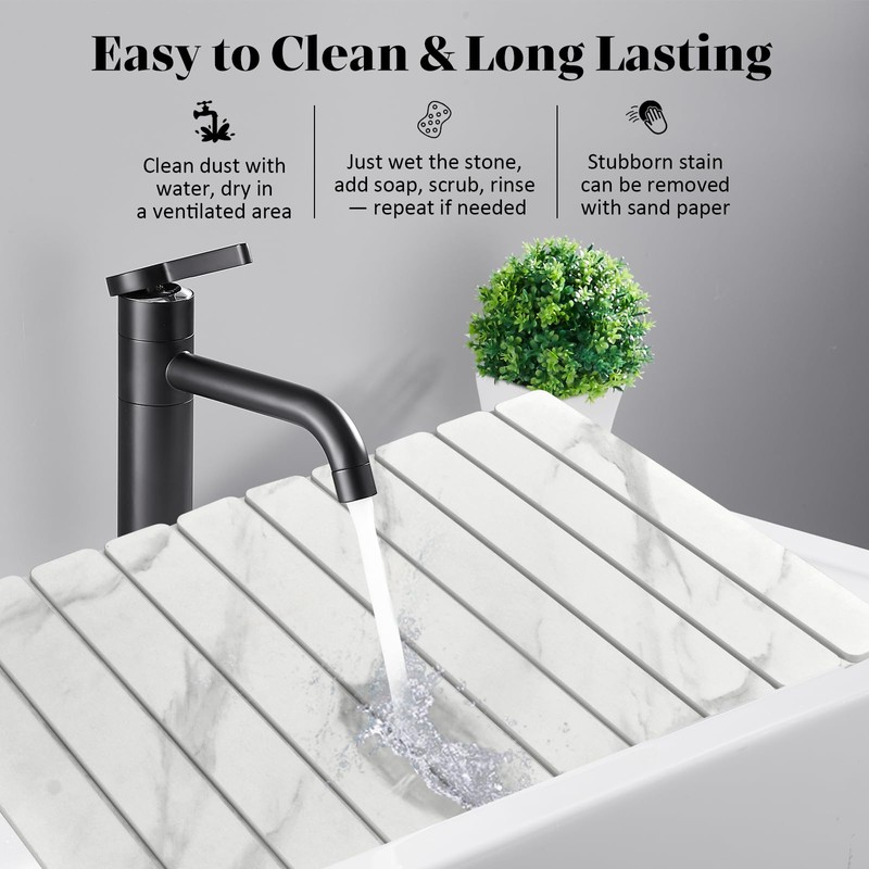 Stone Dish Drying Mats for Kitchen Counter, 24"(L)×16"(W) Marble-Pattern, Collapsible