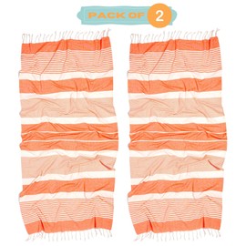 MOMOMUS Pack von 2 Fouta XL oder Strandhandtuch Baumwolle 100% - Saugfähig, Ultraweich, Kompakt - Strandtuch Fransen und Hamamtuch Dünn Sauna, Spa und Pool - Lachs, 90x180cm