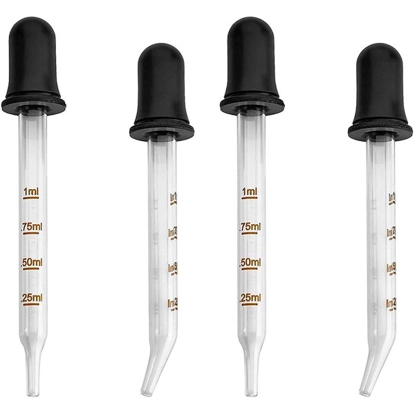 Eye Dropper - (Pack of 4) Bent & Straight Tip Calibrated Glass Medicine Droppers for Medications or Essential Oils Pipette Dropper for Accurate Easy Dose and Measurement (1 mL Capacity)