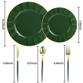 150Pcs Plastic Plates with Gold Rim,Heavy Duty Green Plates for 30 Guests,Plastic Dinnerware Set Include 30 Dinner Plate,30 Dessert Plate,90 Gold Cutlery Set for Party (Green)