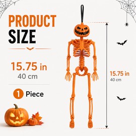 40CM Halloween Pumpkin Skeleton Posable Skeleton Ornament with Movable Posable Joints for Halloween Decorations Home Decor Indoor or Outdoor Garden Haunted Houses Graveyard Decoration A8NGTGJ