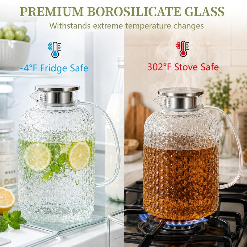 1 Gallon Circular Glass Pitcher with Lid, Round Teapot with