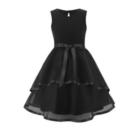 Arshiner Girls Dress Formal Party Fluffy Tulle Sleeveless Belted Black Dresses Size 9-10Y