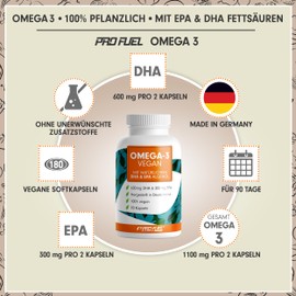 Omega-3 Vegan Capsules 180x - 2000 mg Algae Oil per Day - High Dose with 600 mg DHA + 300 mg EPA - High-Quality Omega-3 Algae Oil Capsules Vegan - DHA:EPA Ratio 2:1 - Laboratory Tested with Analysis