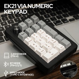 EPOMAKER EK21 VIA Gasket Number Pad with 1000mAh Battery, BT 5.0/2.4ghz/Wired Hot-Swap Numpad with Aluminum Alloy knob, Programmable for Win/Mac/Gaming (Black Silver, Zebra Switch)