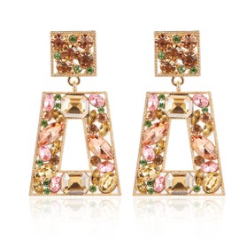 VANGETIMI Champagne Rhinestone Rectangle Dangle Earrings Colorful Crystal Geometric Drop Statement Earrings for Women