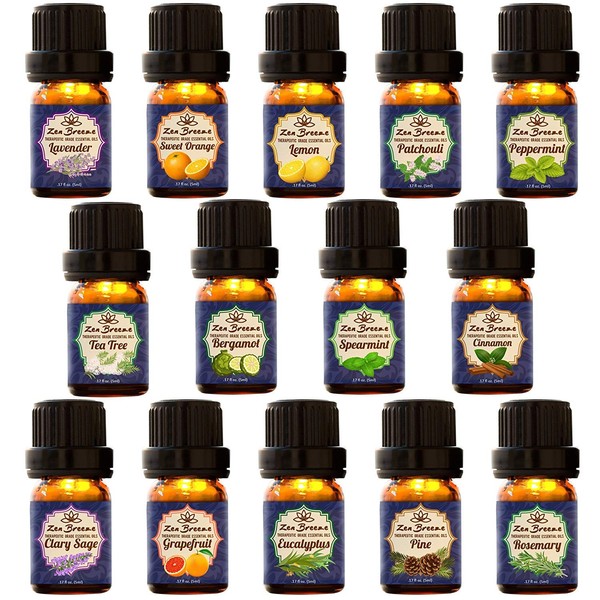 Essential Oils for Oil Diffuser - Top 14 Aromatherapy Essential Oils - 100% Pure Therapeutic Grade - Lavender, Eucalyptus, Lemon, Peppermint, Sweet Orange, Tea Tree, Bergamot, 8 More, by Zen Breeze