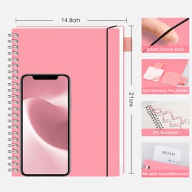 RETTACY A5 Notebook Grid Graph Paper, Spiral Notebook 160Pages/80 Sheets Journal for Women Men,Notepad with 100gsm Paper for Writing,PVC Pocket, Pen Loop, Ruler, Bookmark,14.5 x 20.7cm- Pink