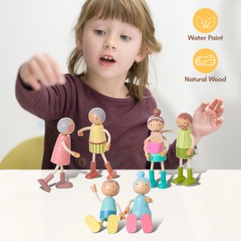 Giant bean Wooden Family Dolls Set of 7 for Dollhouse, DollHouse People Miniature Dollhouse Accessories Toy for Boys Girls Kids Pretend Play 3 Years up