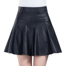 chouyatou Women's Casual Side Zipper Flare Pleated Faux Leather Skater Skirts, Black, X-Small