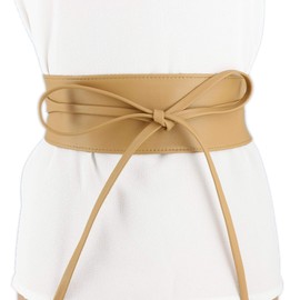 FASHIONGEN - Genuine Cowhide Leather Full Grain Leather Obi Belt for Women, Tie Belt, Cassiane, beige
