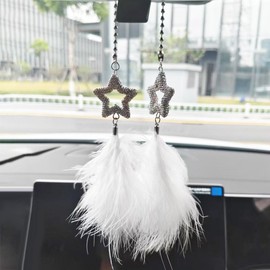 DUSCOKE Star Cute Car Hanging Pendant, Feathers Car Rear View Mirror Charm, Bling Rhinestone Sun Catcher Ornament, Vehicle Decoration Accessories for Women Girls (Star)