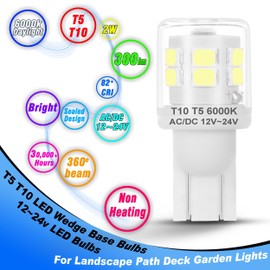 Heifymi T5 T10 Wedge Base LED Landscape Lights, Daylight White 6000K Low Voltage AC/DC 12-24V, 2 Watts Equivalent 11W 18W Incandecent Bulbs for Camper RV Marine Boat Path Lawn Malibu Lighting, 6 Pack